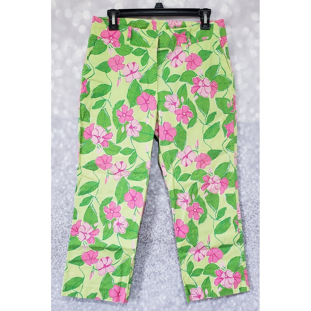 Vintage Lilly Pulitzer Size 8 Mandevilla Capri Pants Green Pink Floral Print